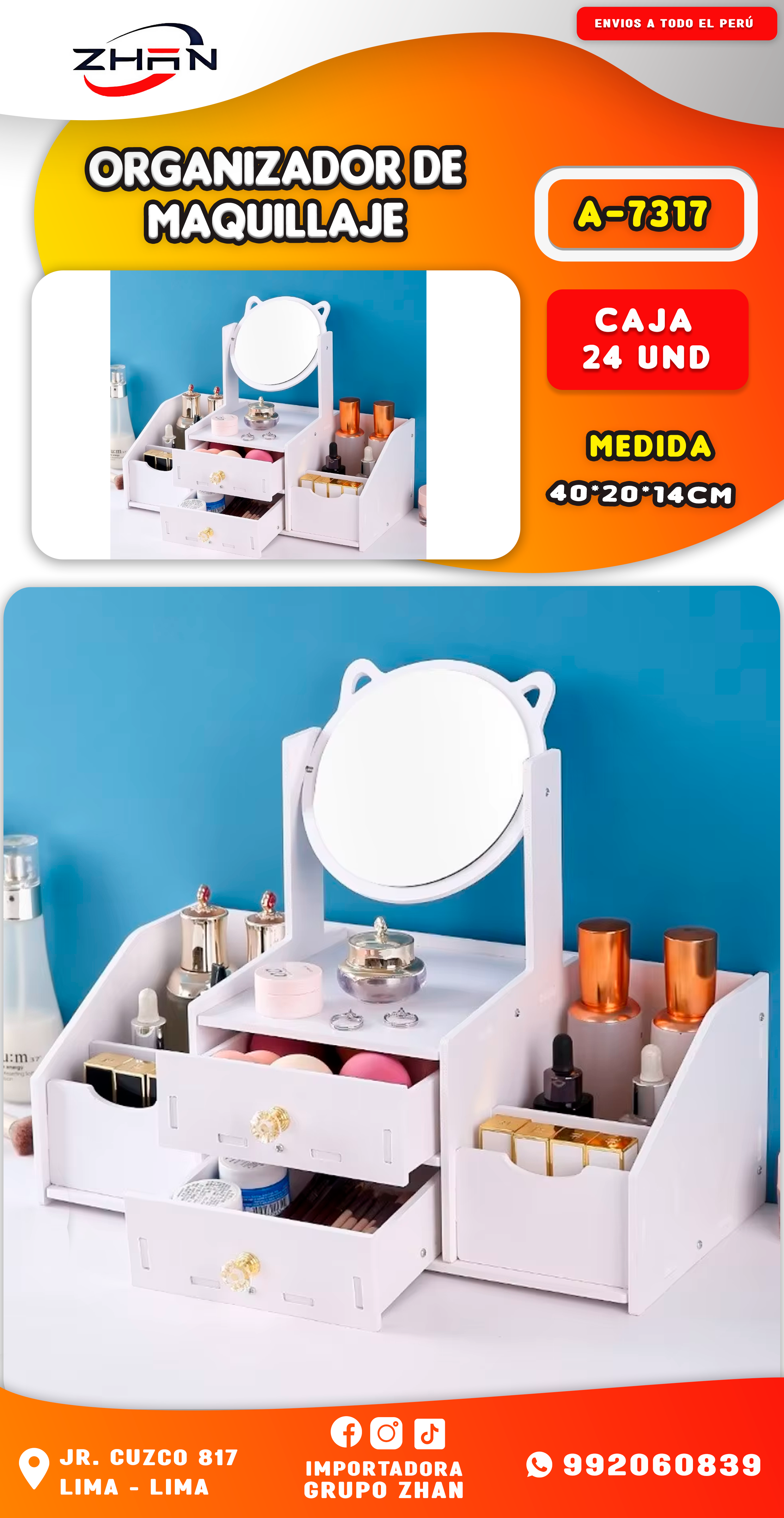 ORGANIZADOR DE MAQUILLAJE CON CAJONES Y ESPEJO