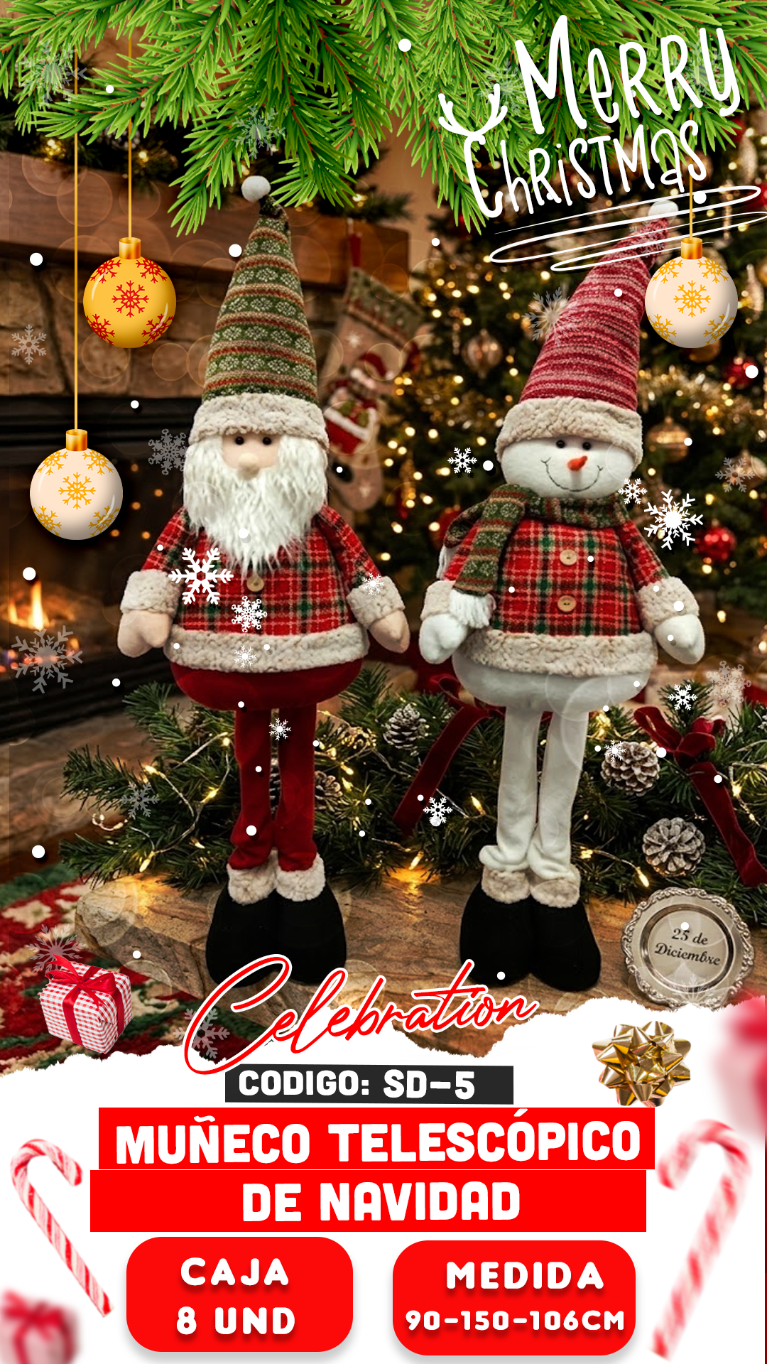 MUÑECO DE NIEVE Y PAPÁ NOEL TELESCÓPICO ESTILO RÚSTICO