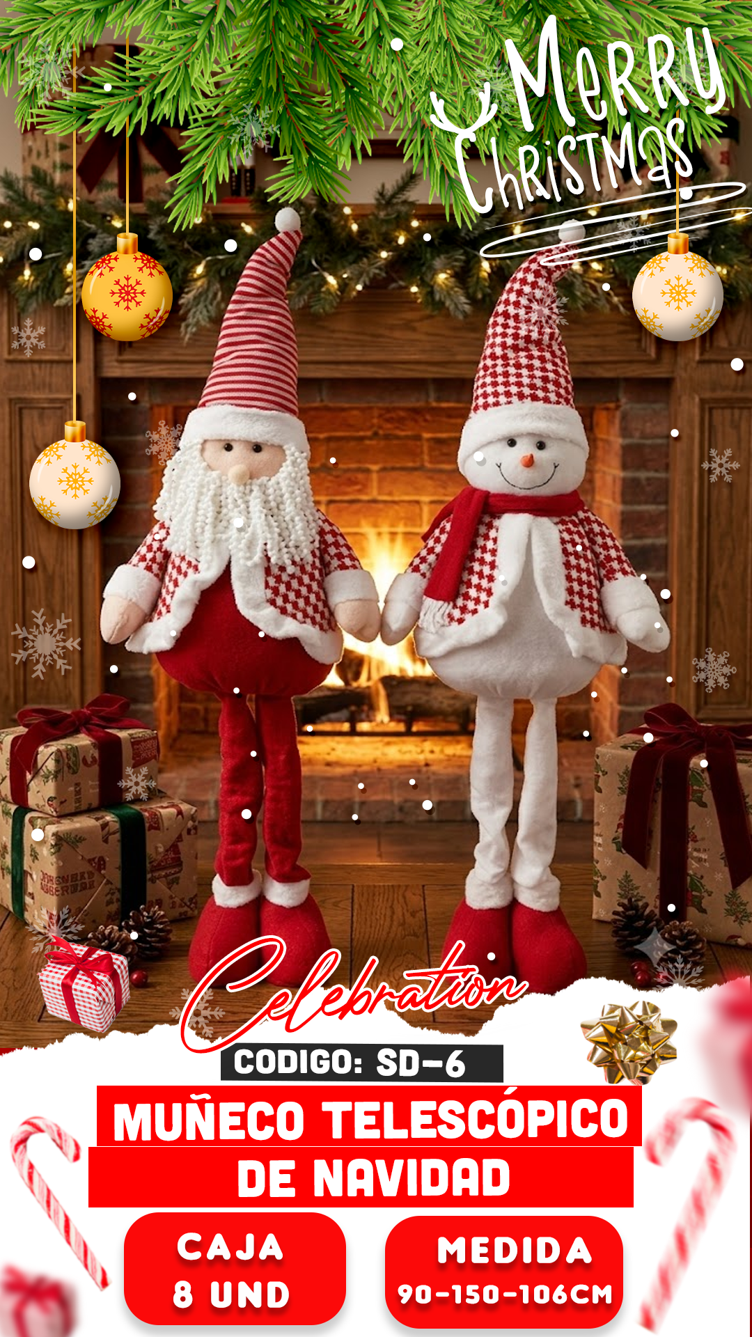 MUÑECO DE NIEVE Y PAPÁ NOEL TELESCÓPICO ROJO Y BLANCO