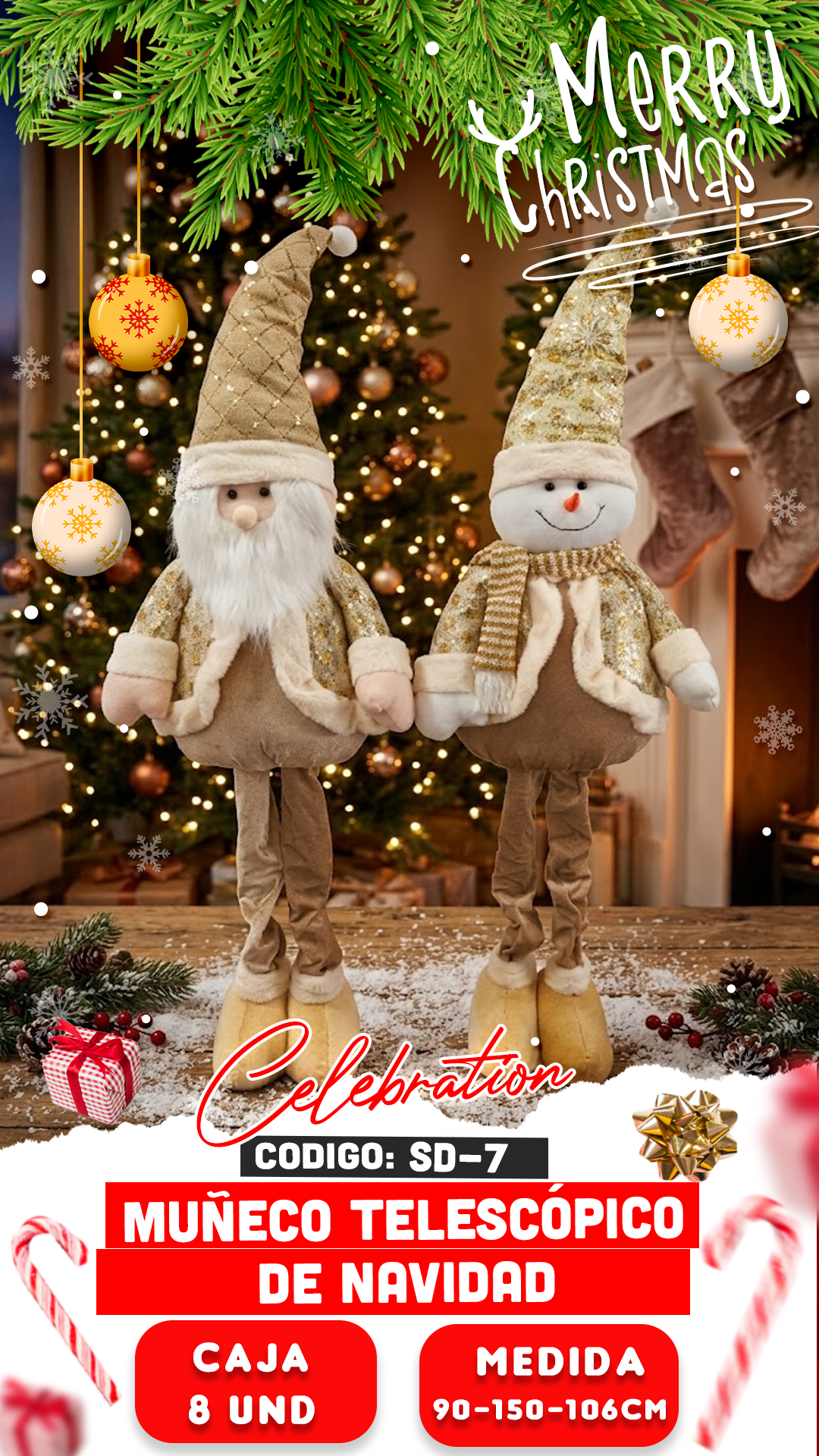 MUÑECO DE NIEVE Y PAPÁ NOEL TELESCÓPICO BEIGE Y DORADO