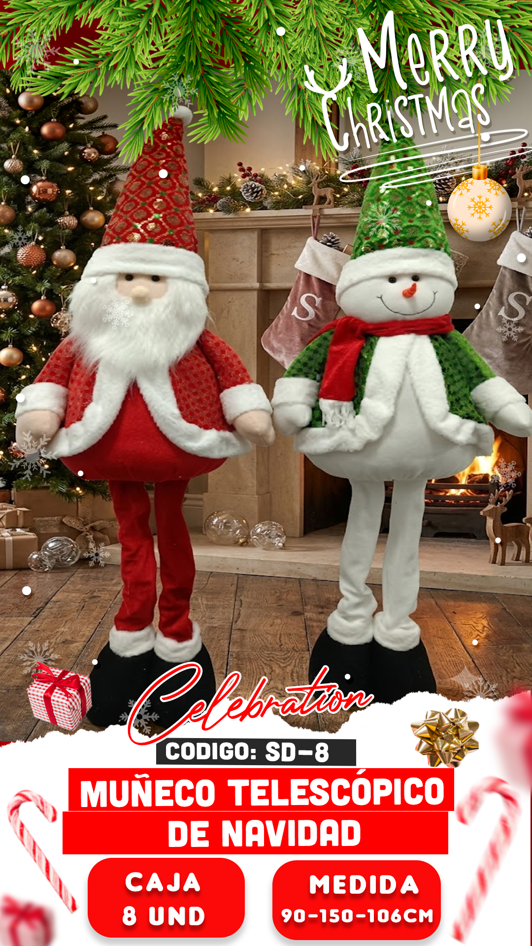 MUÑECO DE NIEVE Y PAPÁ NOEL TELESCÓPICO CON LENTEJUELAS ROJAS Y VERDES