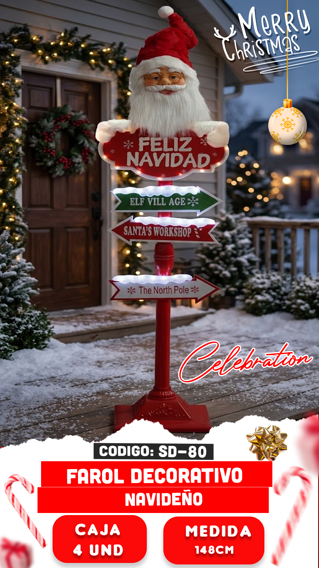 FAROL DECORATIVO CON SEÑAL NAVIDEÑA Y PAPÁ NOEL