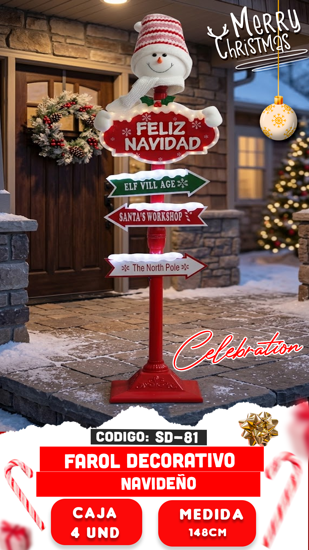 FAROL DECORATIVO CON SEÑAL NAVIDEÑA Y MUÑECO DE NIEVE